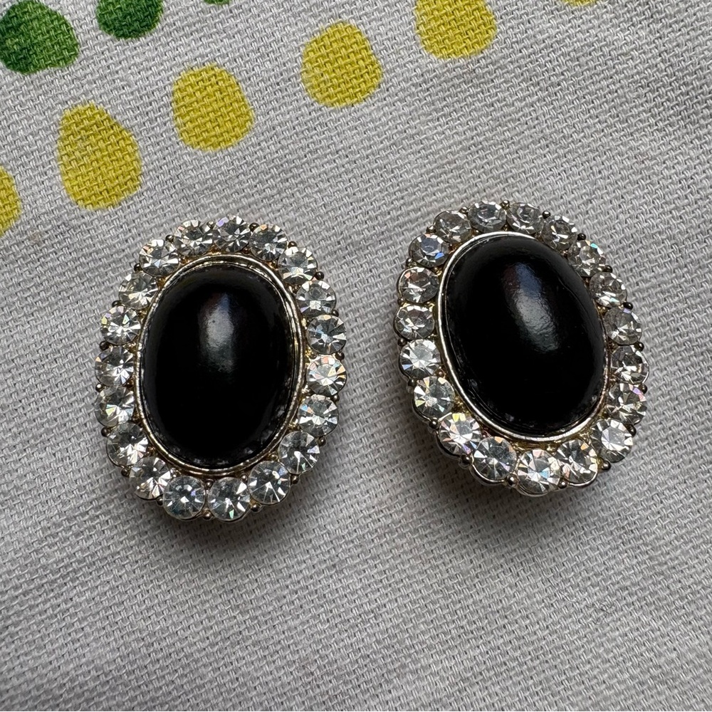 Vintage black onyx & rhinestone, silver Clip-On Earrings, 80s